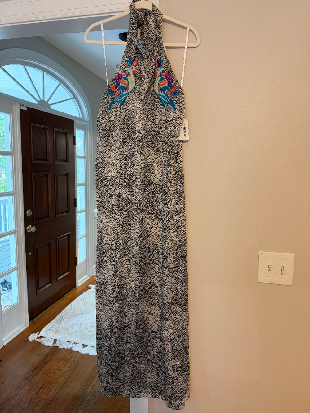 Judith March Embroidered Bird Halter Maxi Dress Boho Animal Print Size S